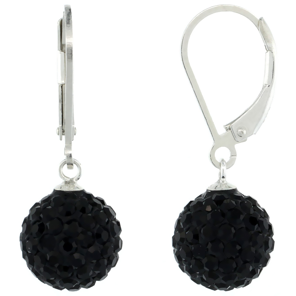 Sterling Silver 10mm Round Black Disco Crystal Ball Lever Back Earrings for Women 1 1/8 in. 28 mm tall