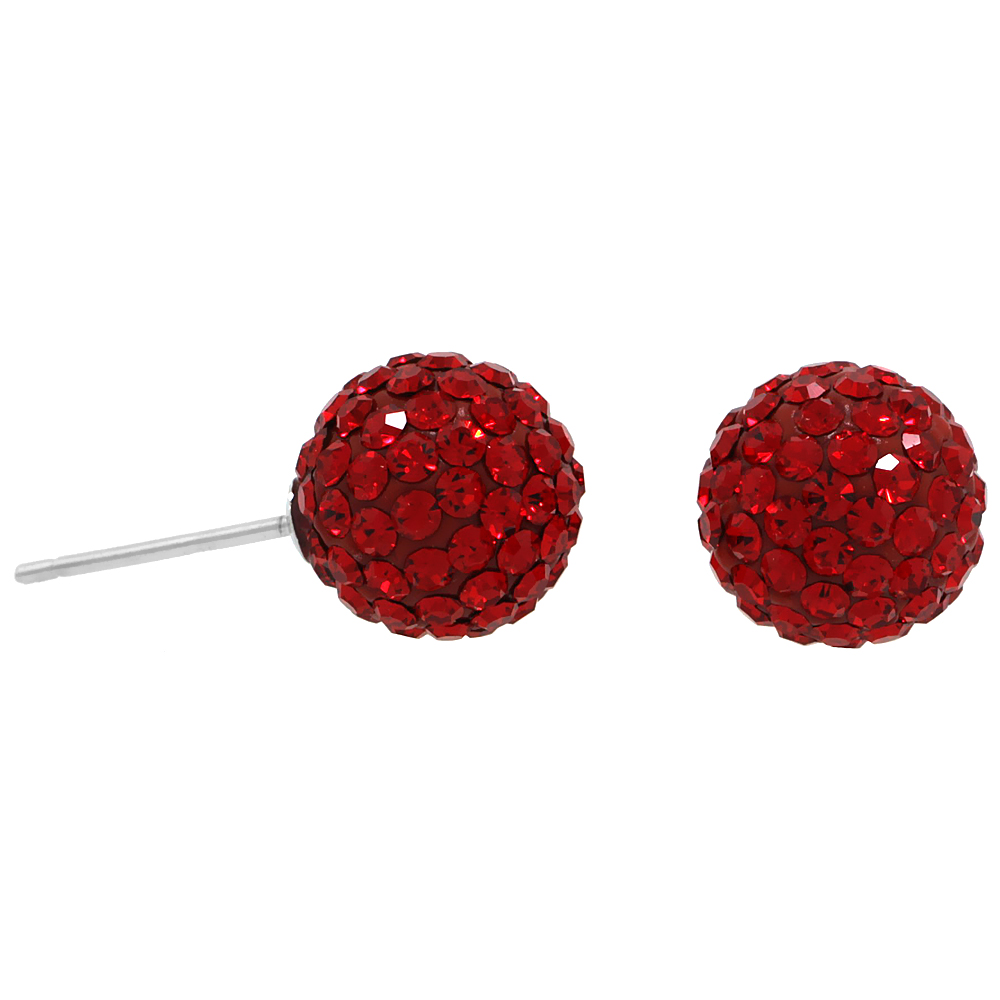 STERLING SILVER 10MM ROUND RED DISCO CRYSTAL BALL STUD EARRINGS