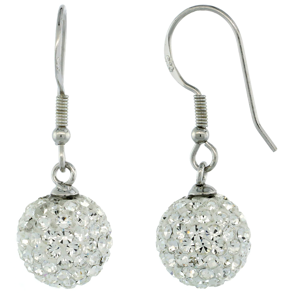 Sterling Silver 10mm Round White Disco Crystal Ball Fish Hook Earrings for Women April Birthstone 1 1/8 in. 28 mm tall