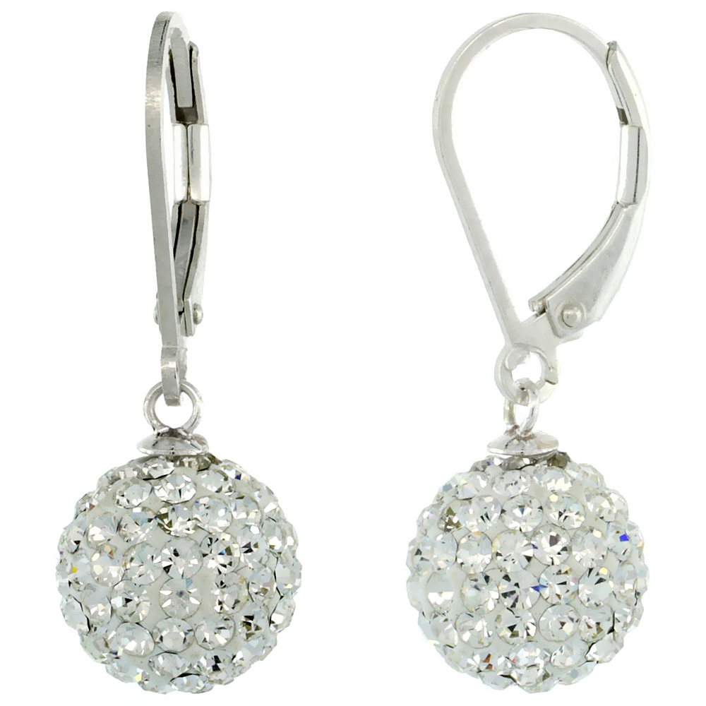 Sterling Silver 10mm Round White Disco Crystal Ball Lever Back Earrings for Women April Birthstone 1 1/8 in. 28 mm tall