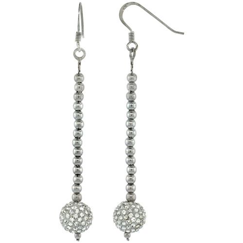 Sterling Silver Crystal Disco Ball Dangle Earrings 2 3/4 in. 70 mm tall
