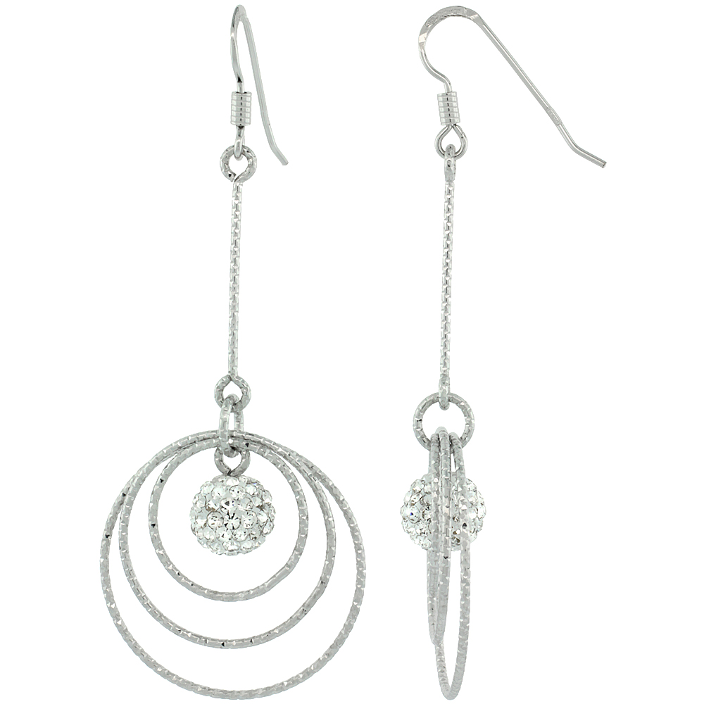Sterling Silver Dangling Circles Earrings, 63mm (2 1/2 inch) long, Diamond Cut Tubing, Swarovski Crystal Ball Center, 8mm (1/4 i