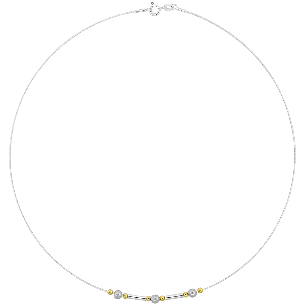 Sterling Silver Cable Wire Beaded Necklace for women Gold Plated Beads and Bars 5/32 inch wide