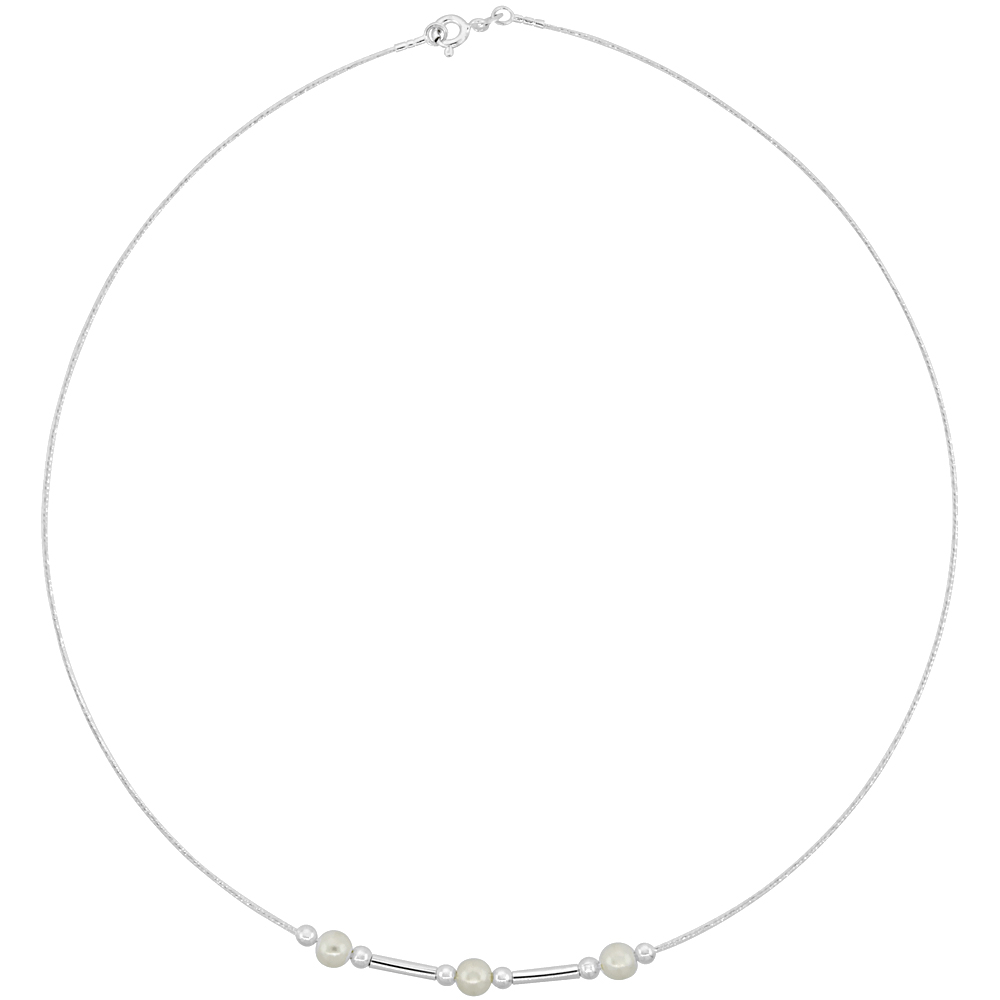 Sterling Silver Cable Wire Beaded Necklace for women Swarovski Pearls & Bars 7/32 inch