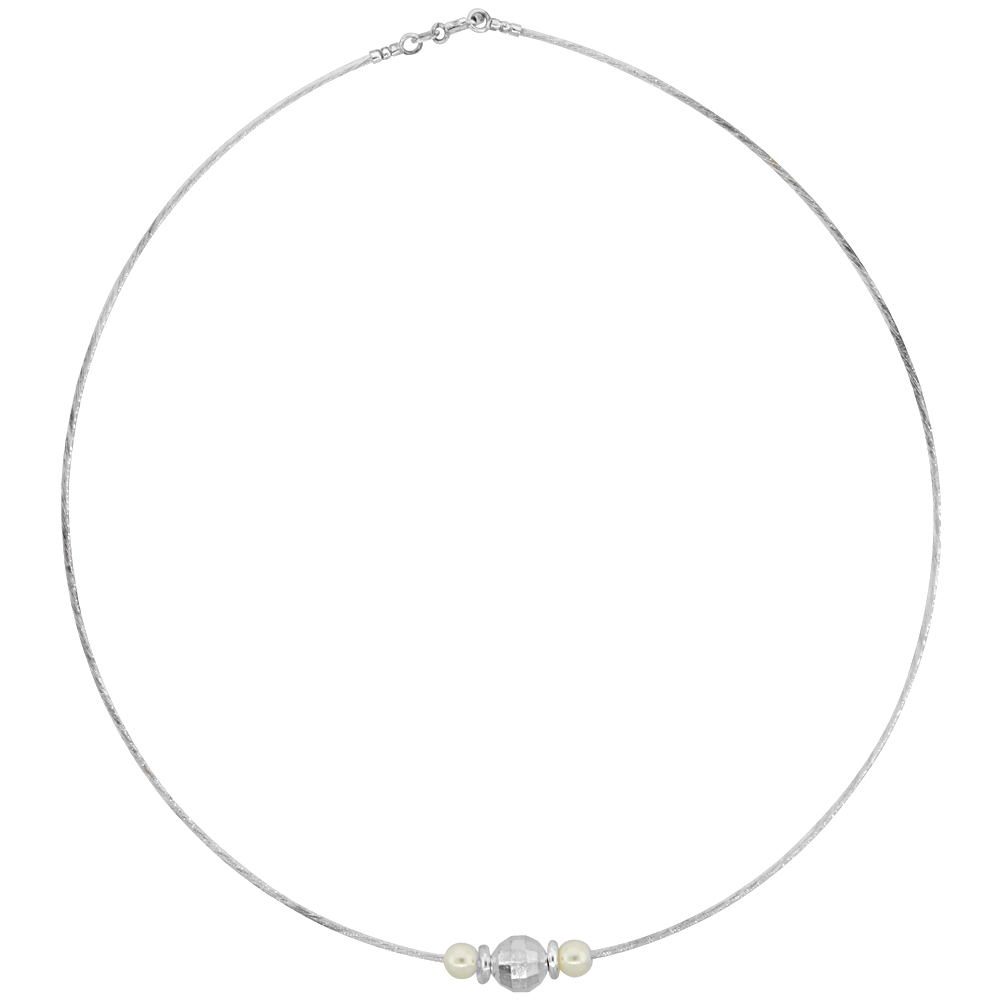 Sterling Silver Cable Wire Beaded Necklace for women 7mm Disco Bead and Swarovski Pearls 5/16 inch