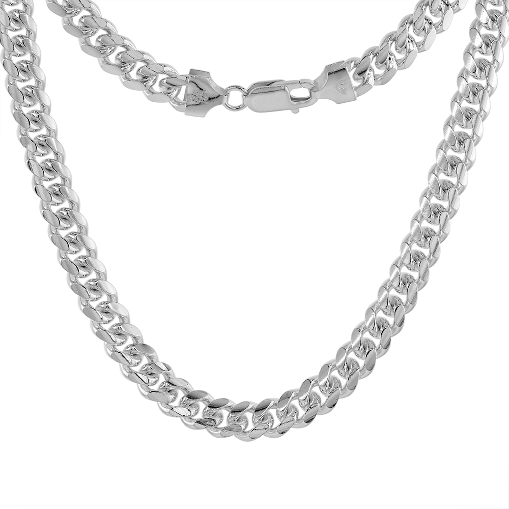7mm Sterling Silver Miami Cuban Chain Link Necklaces & Bracelets Domed Surface Rhodium, sizes 8 - 30 inch