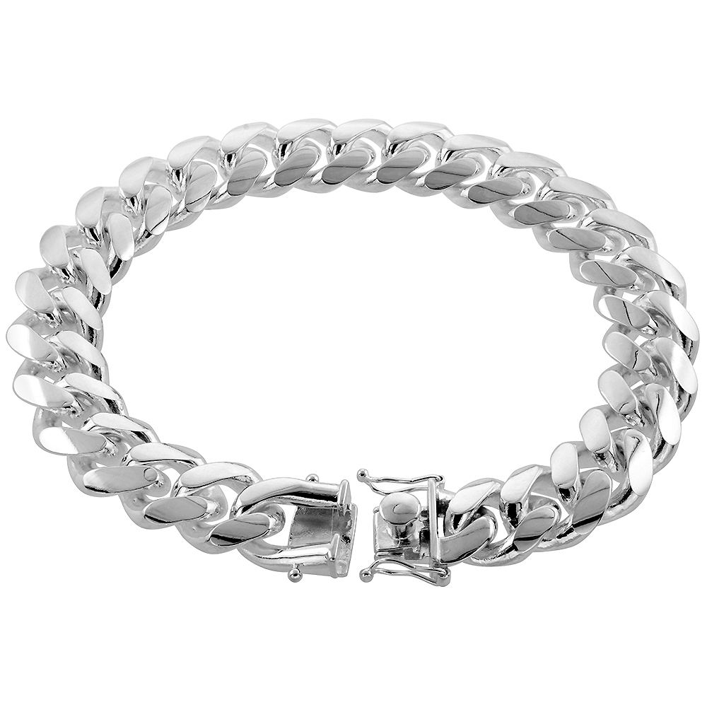 Very Thick Heavy Sterling Silver 15mm Miami Cuban Link Chain Bracelet Box Clasp with Safety for Men Domed sizes 8-9-10 inch