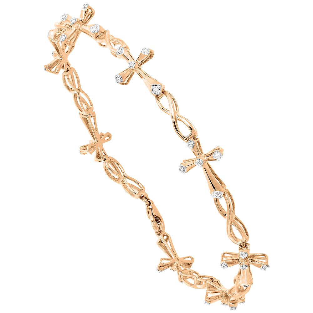 10K ROSE GOLD DIAMOND CROSS BRACELET FOR WOMEN 3/8 INCH WIDE, 7.25 INCH LONG