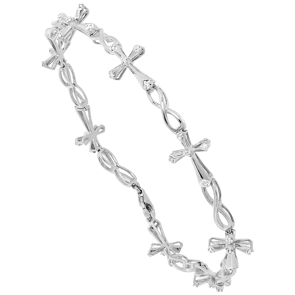 10K WHITE GOLD DIAMOND CROSS BRACELET FOR WOMEN 3/8 INCH WIDE, 7.25 INCH LONG