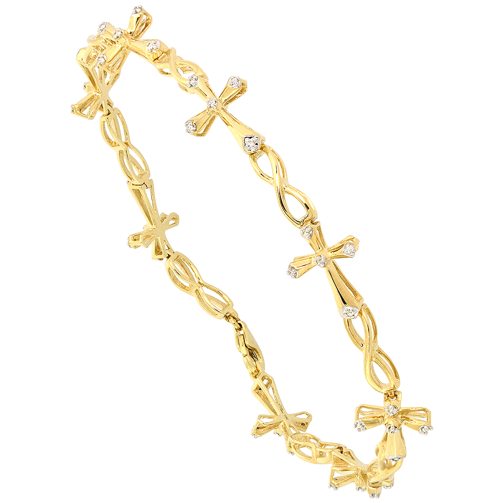 10K YELLOW GOLD DIAMOND CROSS BRACELET FOR WOMEN 3/8 INCH WIDE, 7.25 INCH LONG