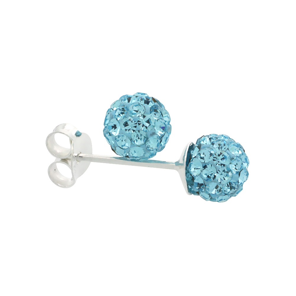 Tiny 6mm Sterling Silver Aquamarine Aqua Crystal Disco Ball Stud Earrings for Women March Birthstone