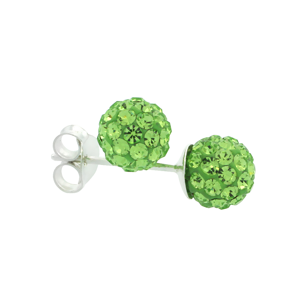 TINY 6MM STERLING SILVER PERIDOT GREEN CRYSTAL DISCO BALL STUD EARRINGS FOR WOMEN AUGUST BIRTHSTONE