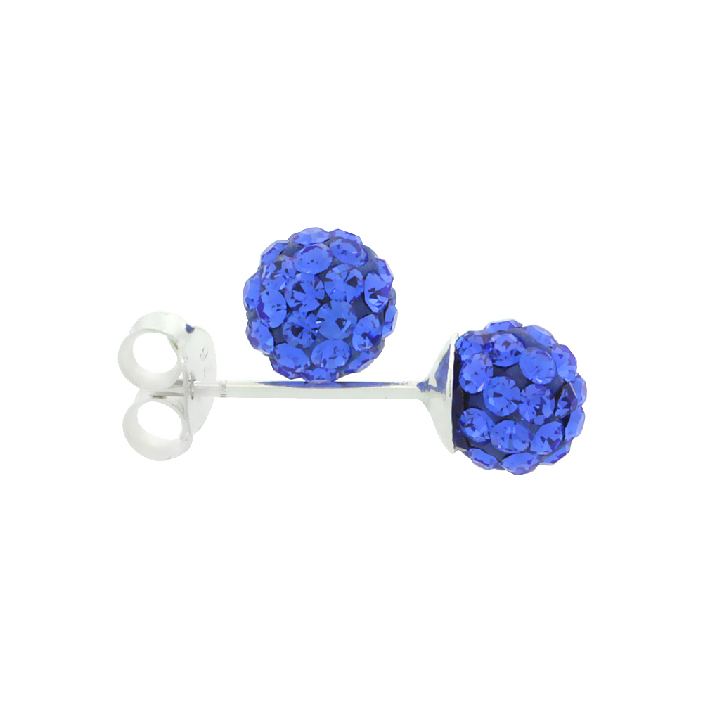 TINY 6MM STERLING SILVER SAPPHIRE BLUE CRYSTAL DISCO BALL STUD EARRINGS FOR WOMEN SEPTEMBER BIRTHSTONE