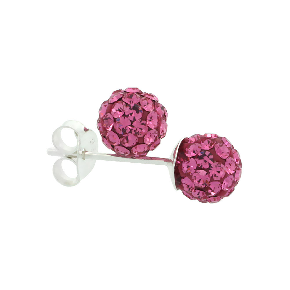 TINY 6MM STERLING SILVER PINK TOURMALINE PINK CRYSTAL DISCO BALL STUD EARRINGS FOR WOMEN OCTOBER BIRTHSTONE