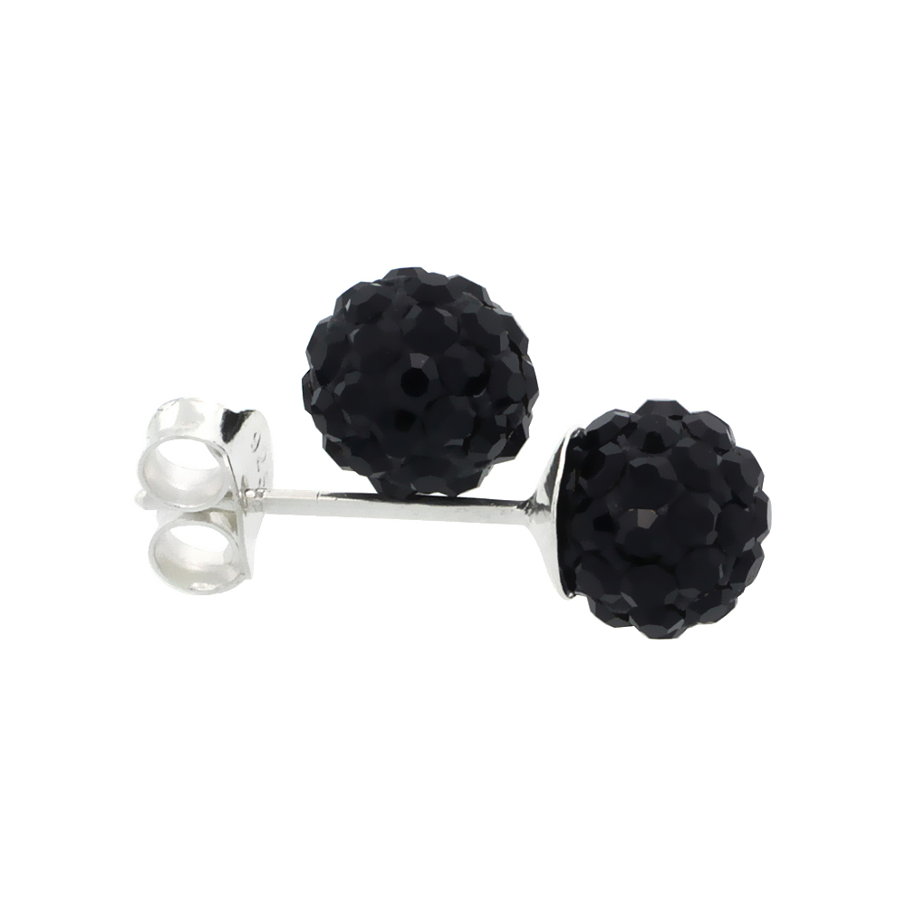 TINY 6MM STERLING SILVER BLACK CRYSTAL DISCO BALL STUD EARRINGS FOR WOMEN