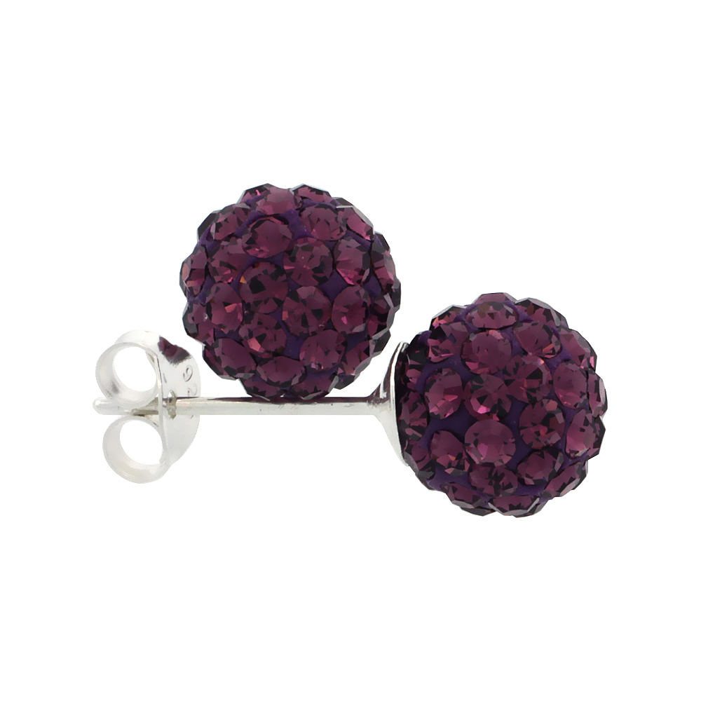 SMALL 8MM STERLING SILVER AMETHYST PURPLE CRYSTAL DISCO BALL STUD EARRINGS FOR WOMEN FEBRUARY BIRTHSTONE