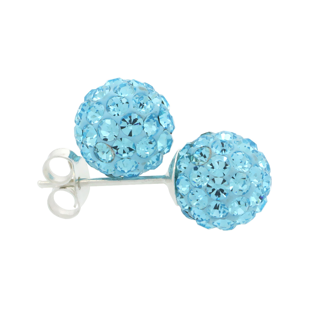 SMALL 8MM STERLING SILVER AQUAMARINE AQUA CRYSTAL DISCO BALL STUD EARRINGS FOR WOMEN MARCH BIRTHSTONE