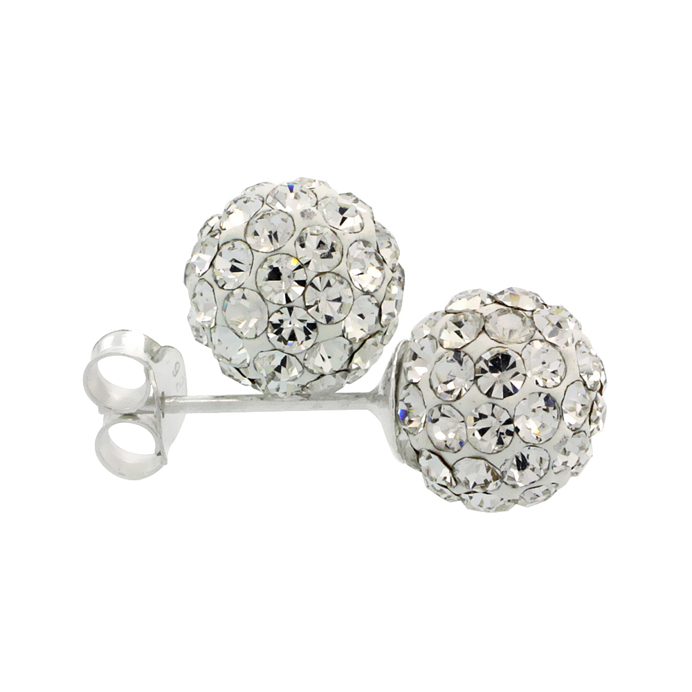 SMALL 8MM STERLING SILVER CLEAR WHITE CRYSTAL DISCO BALL STUD EARRINGS FOR WOMEN APRIL BIRTHSTONE