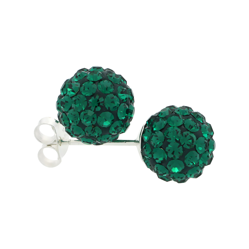 SMALL 8MM STERLING SILVER EMERALD GREEN CRYSTAL DISCO BALL STUD EARRINGS FOR WOMEN MAY BIRTHSTONE