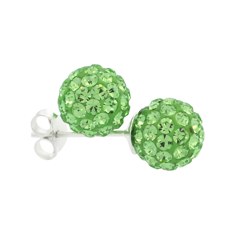 SMALL 8MM STERLING SILVER PERIDOT GREEN CRYSTAL DISCO BALL STUD EARRINGS FOR WOMEN AUGUST BIRTHSTONE