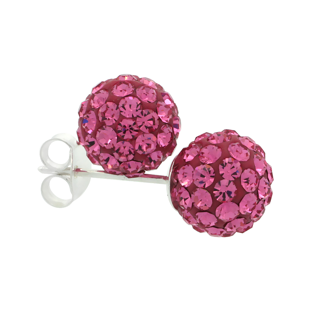 SMALL 8MM STERLING SILVER PINK TOURMALINE PINK CRYSTAL DISCO BALL STUD EARRINGS FOR WOMEN OCTOBER BIRTHSTONE