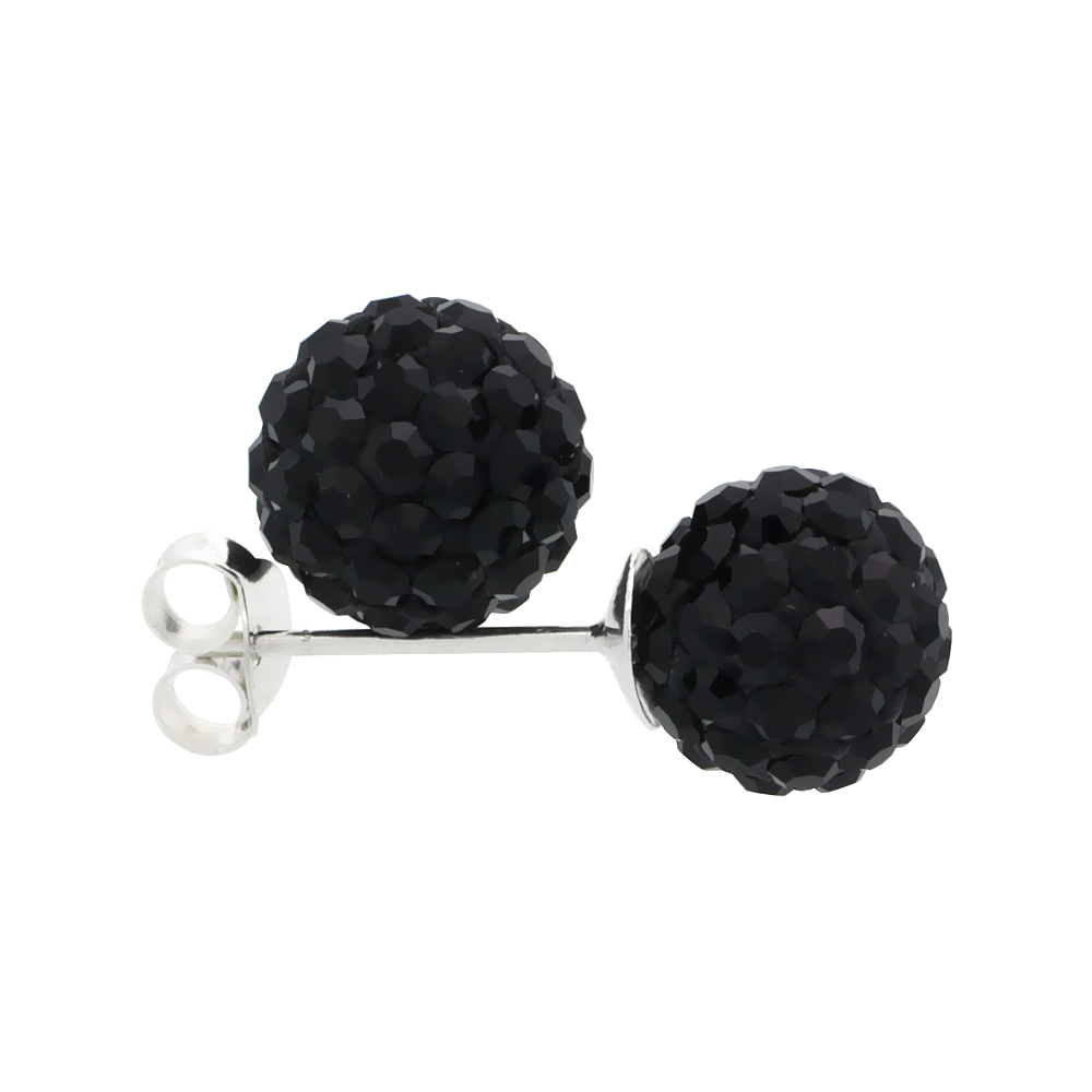 SMALL 8MM STERLING SILVER BLACK CRYSTAL DISCO BALL STUD EARRINGS FOR WOMEN