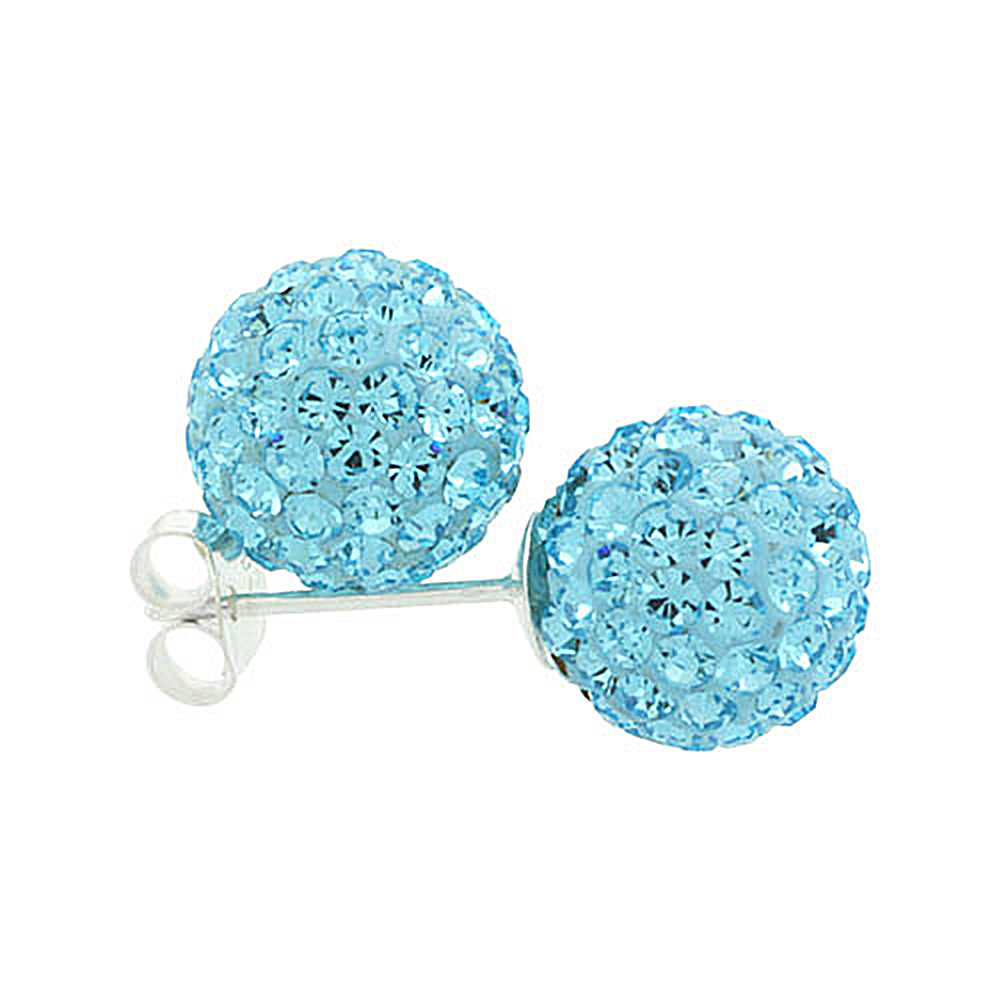 MEDIUM 10MM STERLING SILVER AQUAMARINE AQUA CRYSTAL DISCO BALL STUD EARRINGS FOR WOMEN MARCH BIRTHSTONE