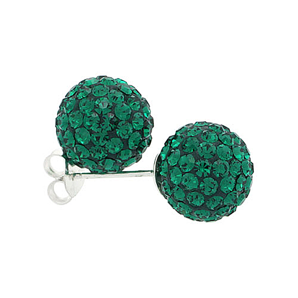 MEDIUM 10MM STERLING SILVER EMERALD GREEN CRYSTAL DISCO BALL STUD EARRINGS FOR WOMEN MAY BIRTHSTONE