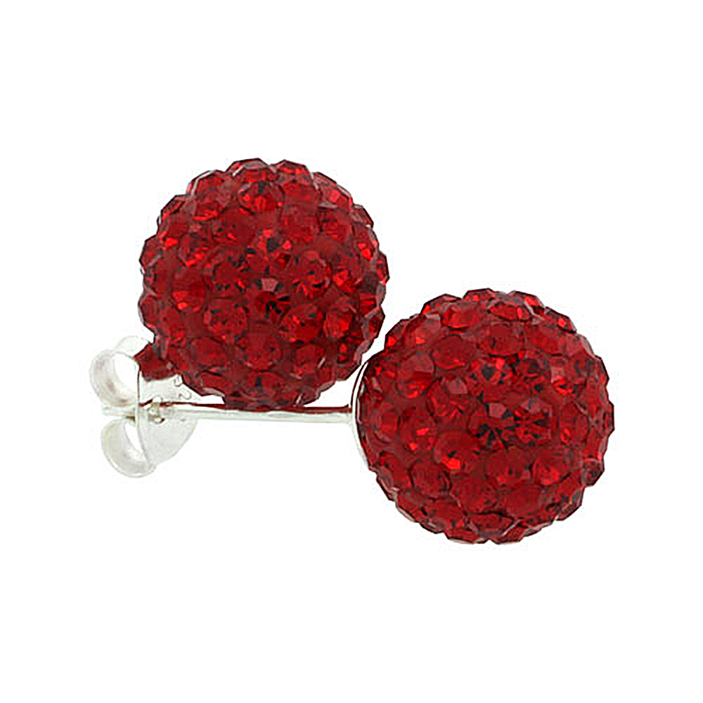 MEDIUM 10MM STERLING SILVER RUBY RED CRYSTAL DISCO BALL STUD EARRINGS FOR WOMEN JULY BIRTHSTONE
