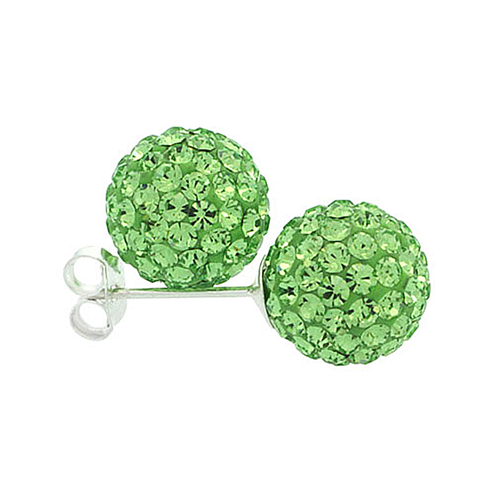 MEDIUM 10MM STERLING SILVER PERIDOT GREEN CRYSTAL DISCO BALL STUD EARRINGS FOR WOMEN AUGUST BIRTHSTONE