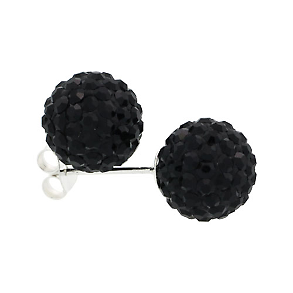 MEDIUM 10MM STERLING SILVER BLACK CRYSTAL DISCO BALL STUD EARRINGS FOR WOMEN