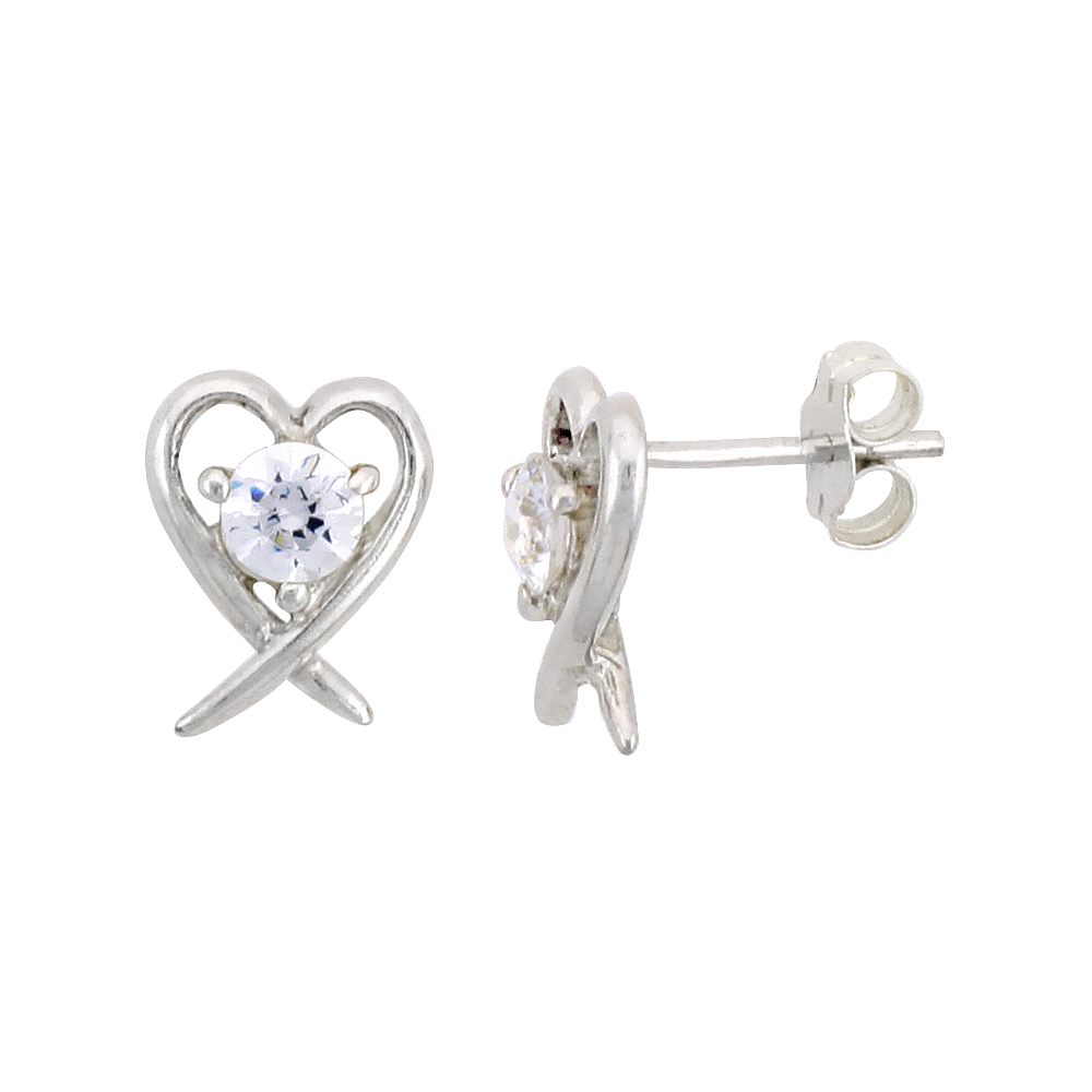 STERLING SILVER HEART CUT OUT STUD EARRINGS, W/ BRILLIANT CUT CZ STONE, 7/16" (11 MM)