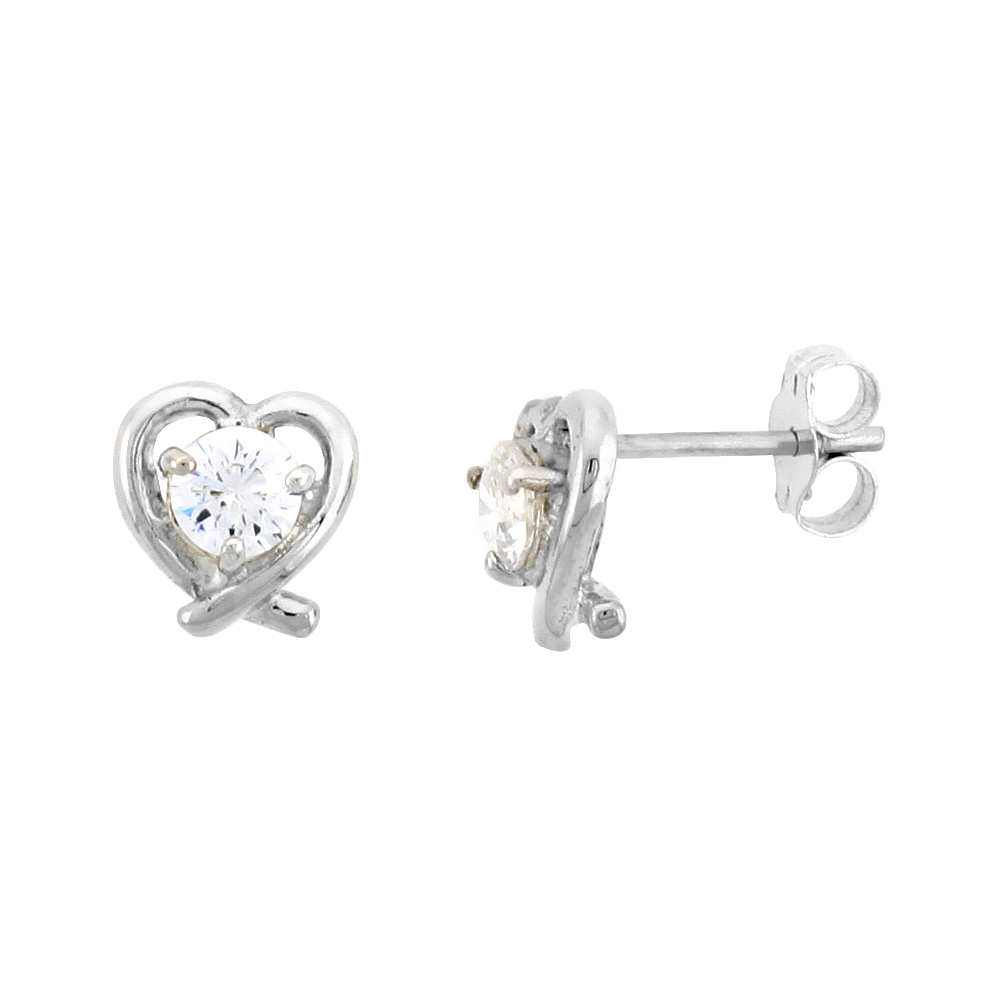STERLING SILVER HEART CUT OUT STUD EARRINGS, W/ BRILLIANT CUT CZ STONE, 5/16" (8 MM)