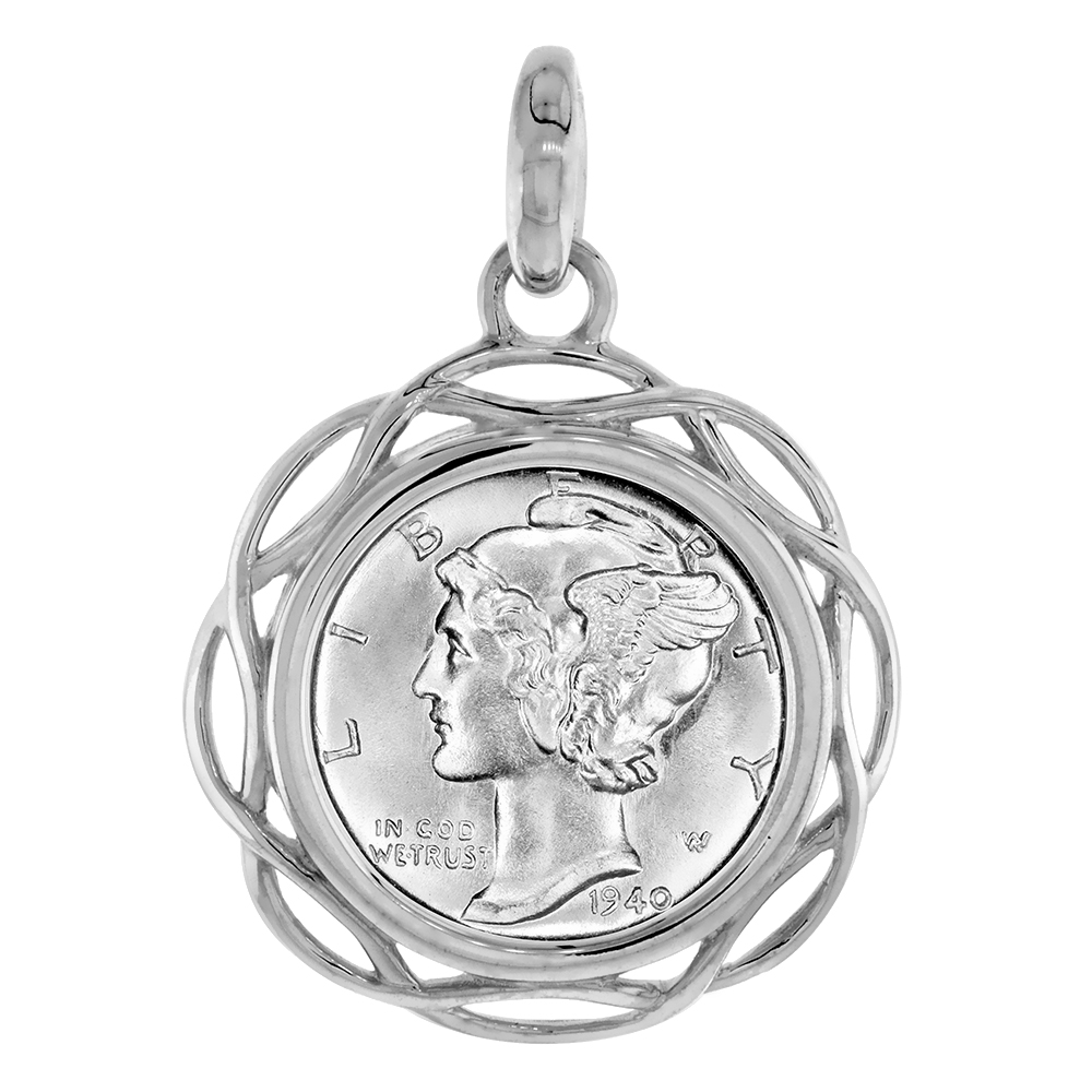 STERLING SILVER BRAIDED EDGE DIME BEZEL PENDANT FOR 18 MM COINS PRONG BACK 10 CENT COIN NOT INCLUDED