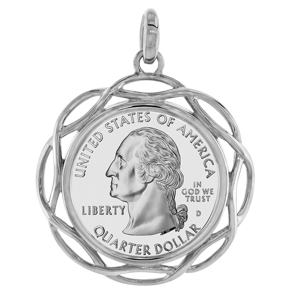 Sterling Silver Braided Edge Quarter Dollar Bezel Pendant for 24 mm Coins Prong Back 25 Cent Coin NOT Included