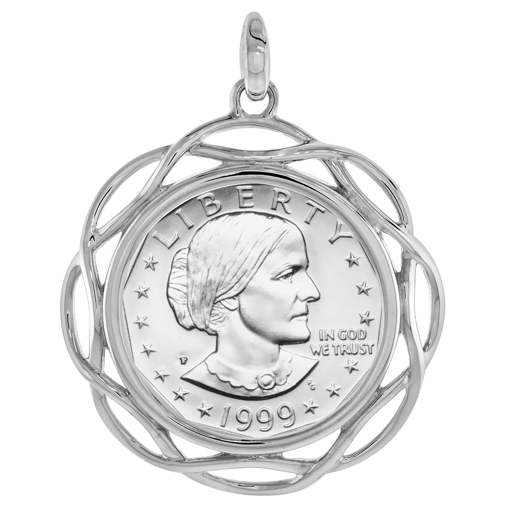 Sterling Silver Braided Edge Susan B. Anthony Bezel Pendant for Sacagawea 26 mm Coins Prong Back Coin NOT Included