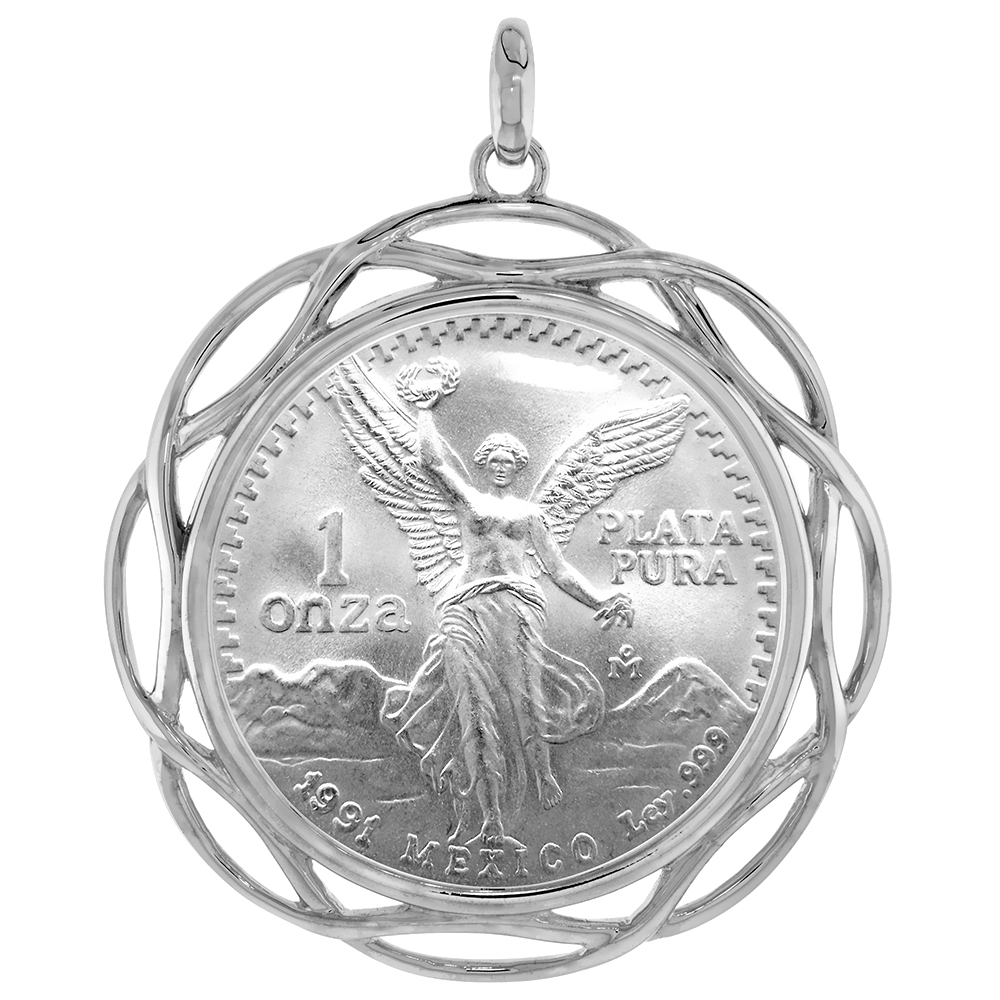Sterling Silver Braided Edge 1 Onza Plata Libertad Bezel Pendant for 36 mm Coins Prong Back Coin NOT Included