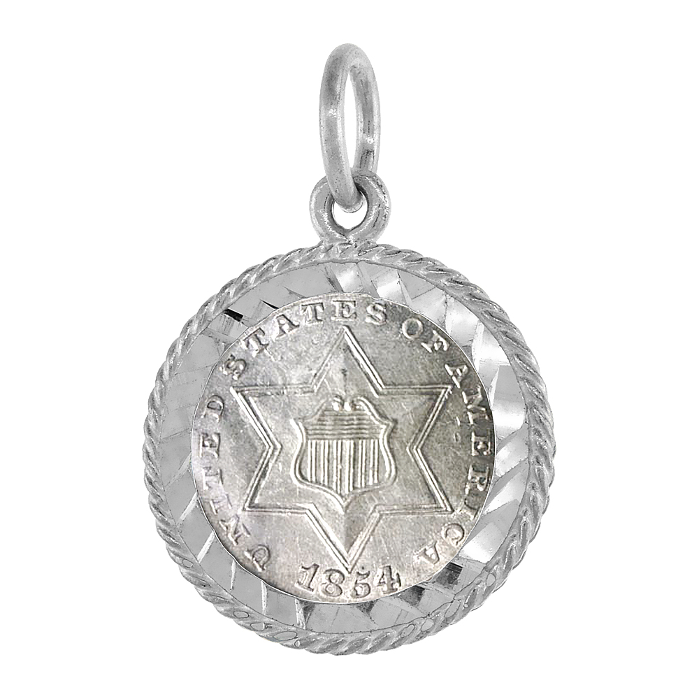 STERLING SILVER THREE CENT BEZEL PRONG BACK ROPE EDGE 14 MM COIN NOT INCLUDED