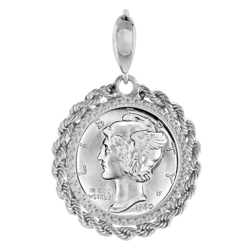 Sterling Silver Dime Rope Bezel Pendant for Men and Women Illusion Diamond Prong Back fits 18mm 10 Cent Coin Not Included