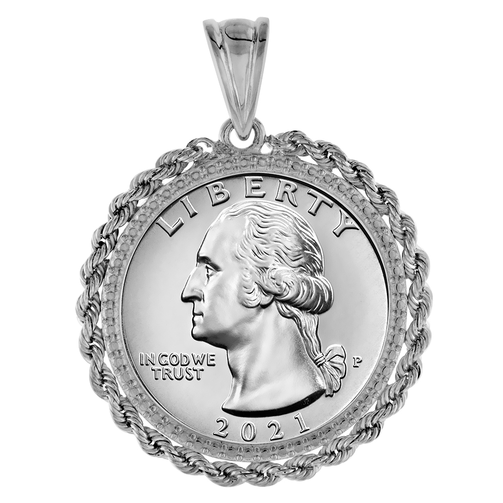 STERLING SILVER QUARTER DOLLAR ROPE BEZEL PENDANT FOR MEN AND WOMEN ILLUSION DIAMOND PRONG BACK FITS 24MM 25 CENT COIN NOT INCLUDED