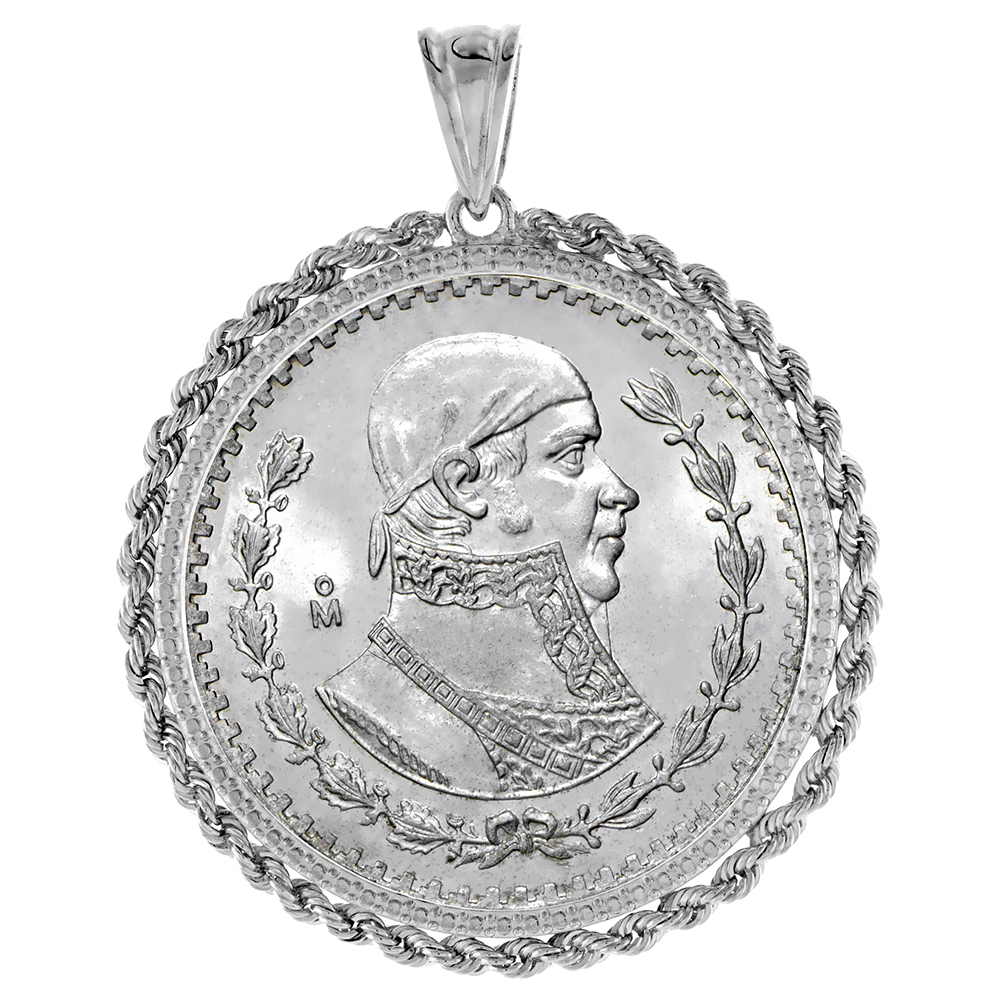 STERLING SILVER MEXICAN 1 PESO ROPE BEZEL PENDANT FOR MEN AND WOMEN ILLUSION DIAMOND PRONG BACK FITS 34MM COIN NOT INCLUDED
