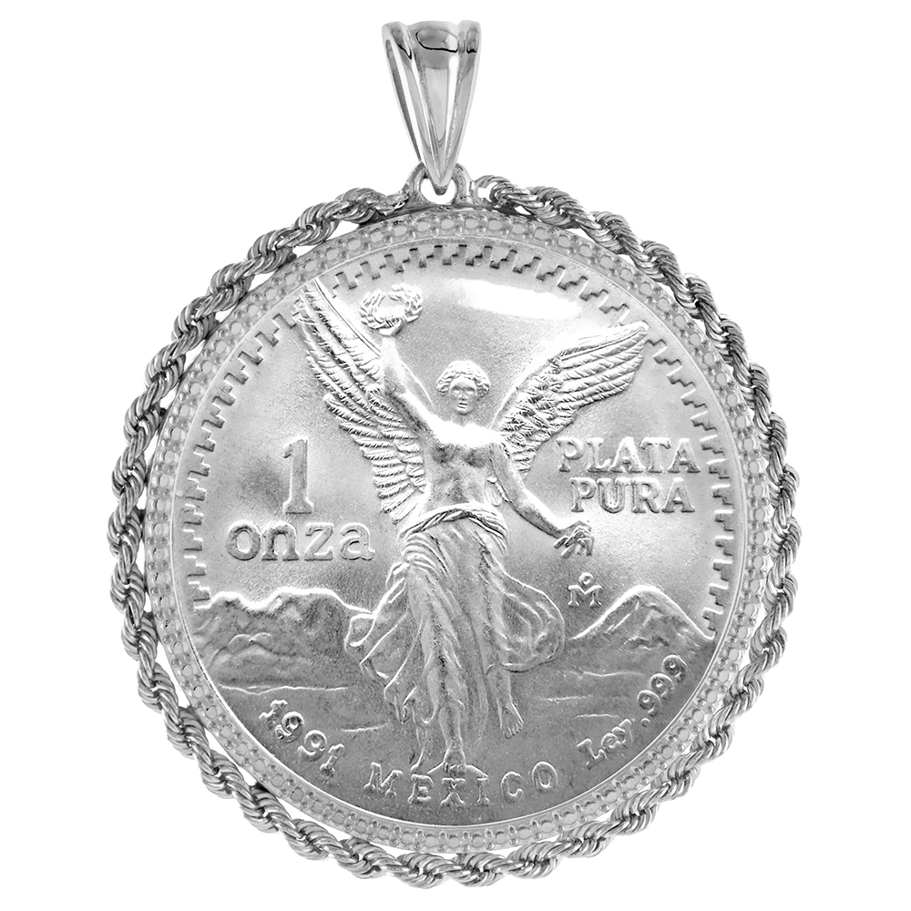 Sterling Silver 1 Onza Plata Libertad Rope Bezel Pendant Illusion Diamond Edge Prong Back fits 36mm Coins Not Included