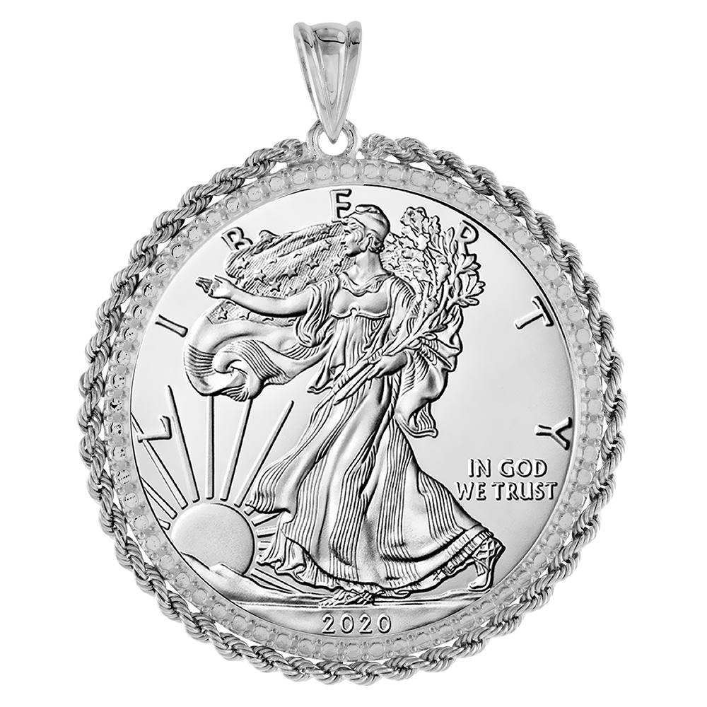 STERLING SILVER SILVER EAGLE ROPE BEZEL PENDANT FOR MEN AND WOMEN ILLUSION DIAMOND PRONG BACK FITS 41MM 1 OZ COIN NOT INCLUDED