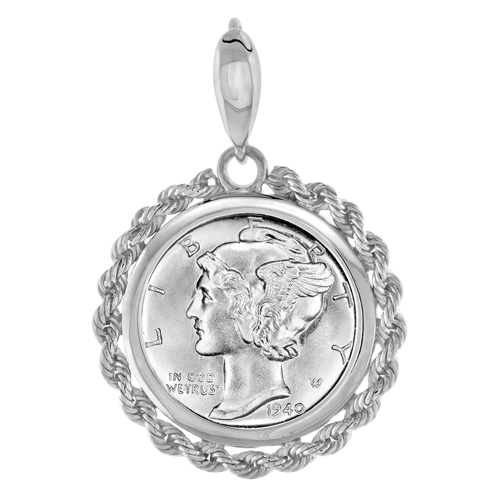 STERLING SILVER DIME ROPE BEZEL PENDANT FOR MEN AND WOMEN ROUNDED PRONG BACK FITS 18MM 10 CENT COIN NOT INCLUDED