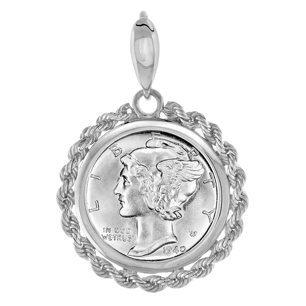 Sterling Silver Dime Rope Bezel Pendant for Men and Women Rounded Prong Back fits 18mm 10 Cent Coin Not Included