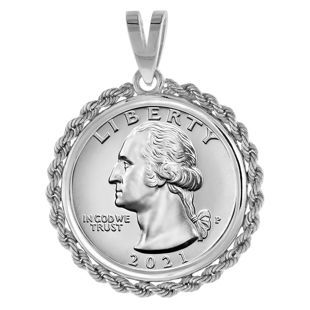 STERLING SILVER QUARTER DOLLAR ROPE BEZEL PENDANT FOR MEN AND WOMEN ROUNDED PRONG BACK FITS 24MM 25 CENT COIN NOT INCLUDED