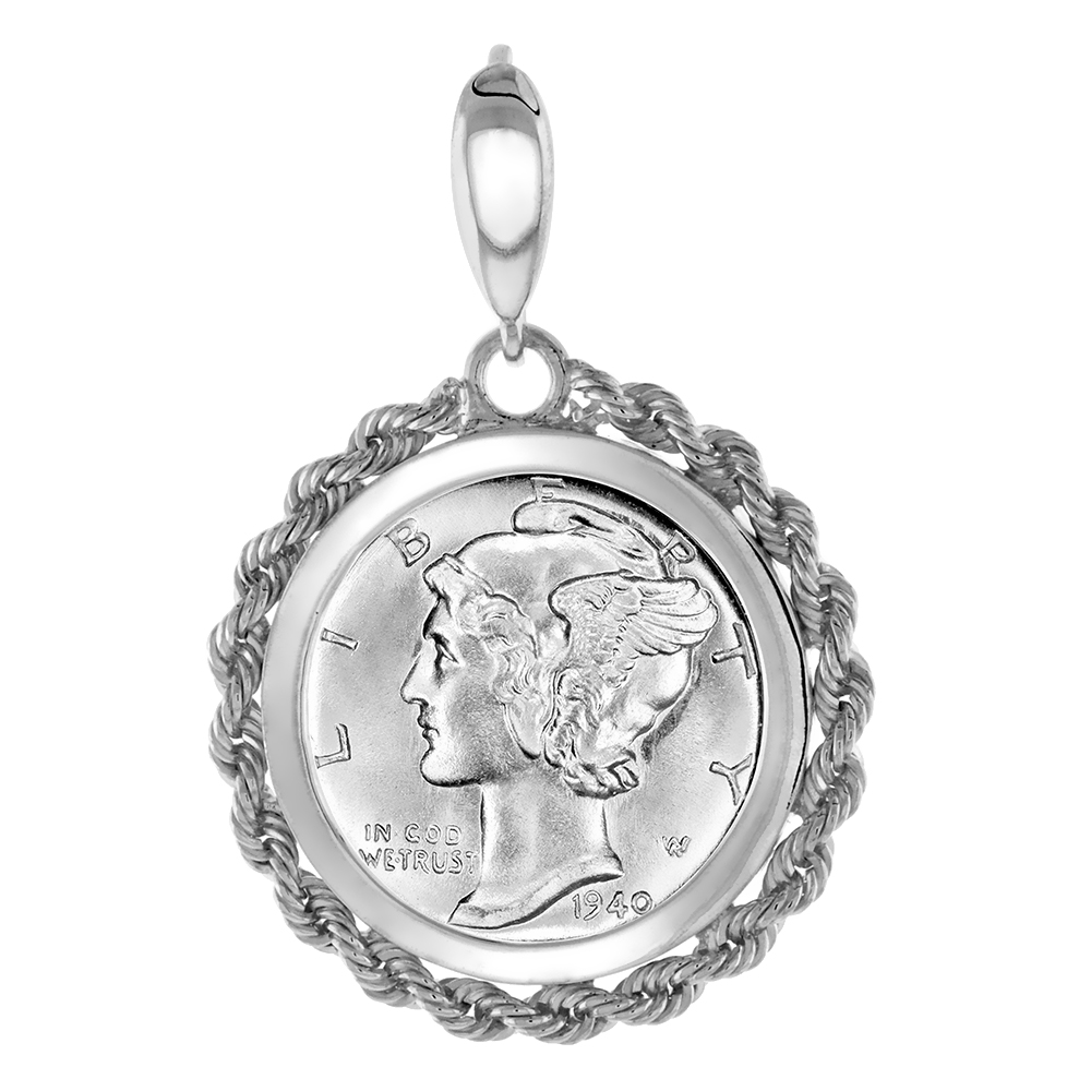 STERLING SILVER DIME ROPE BEZEL PENDANT FOR MEN AND WOMEN SQUARE PRONG BACK FITS 18MM 10 CENT COIN NOT INCLUDED