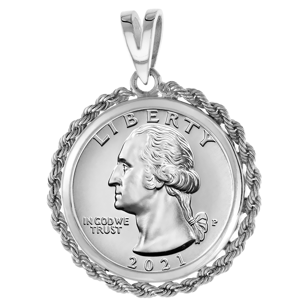STERLING SILVER QUARTER DOLLAR ROPE BEZEL PENDANT FOR MEN AND WOMEN SQUARE PRONG BACK FITS 24MM 25 CENT COIN NOT INCLUDED