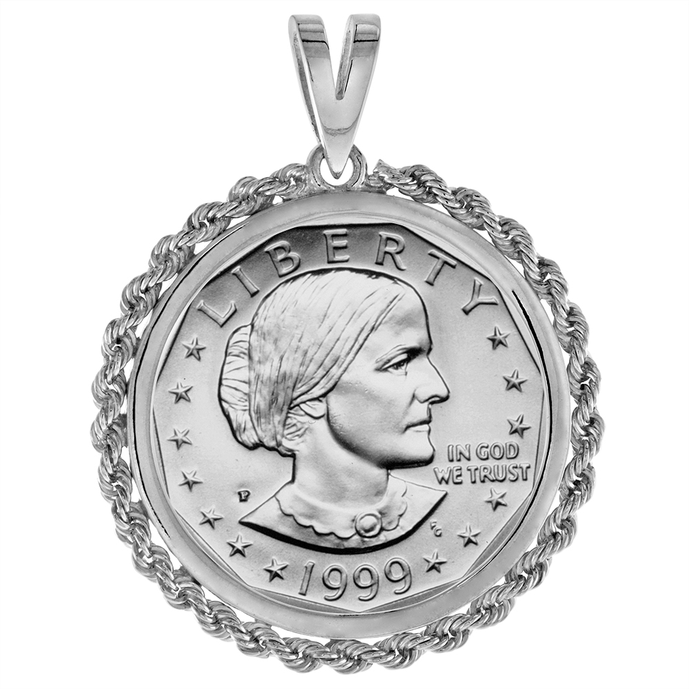 Sterling Silver Rope Edge Susan B. Anthony Bezel Sacagawea 26mm Coins Square Prong Back 1 Dollar Coin Not Included