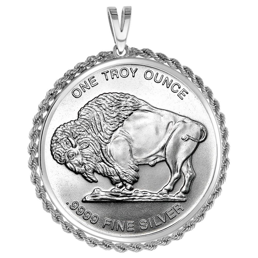 STERLING SILVER 39MM COIN ROPE BEZEL PENDANT FOR MEN AND WOMEN PRONG BACK SQUARE FITS 1 OZ SILVER ROUNDS CASINO CHIPS MEXICAN CIEN PESOS COIN NOT INCLUDED